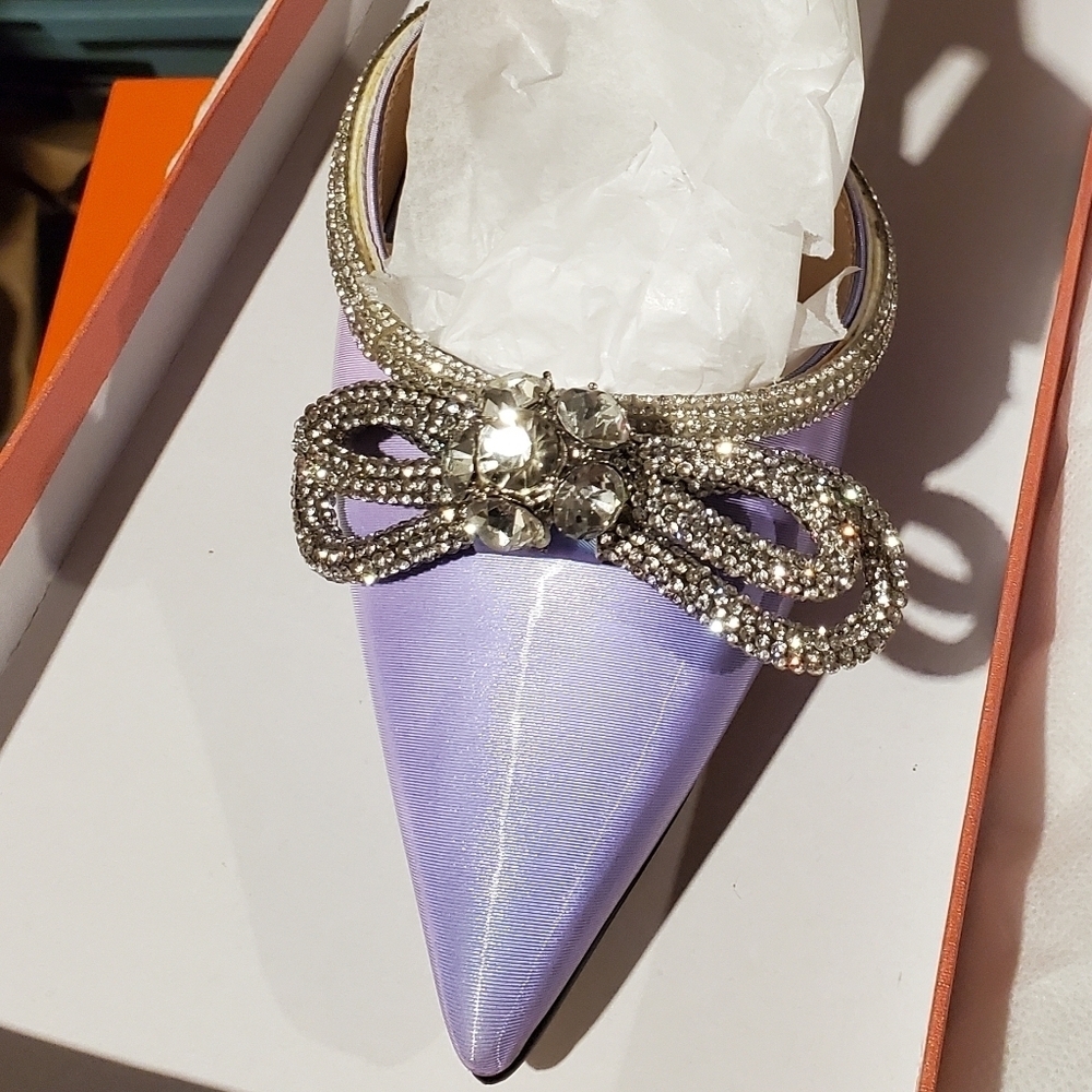 Women High Heeled Mules Crystal Rhinestones Double Bow Sandal Pointed Toe Summer - Picture 8 of 8